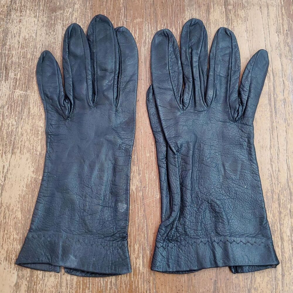 Vintage 1950s Black Leather Childrens Gloves Small Mid Century ~Girls Boys